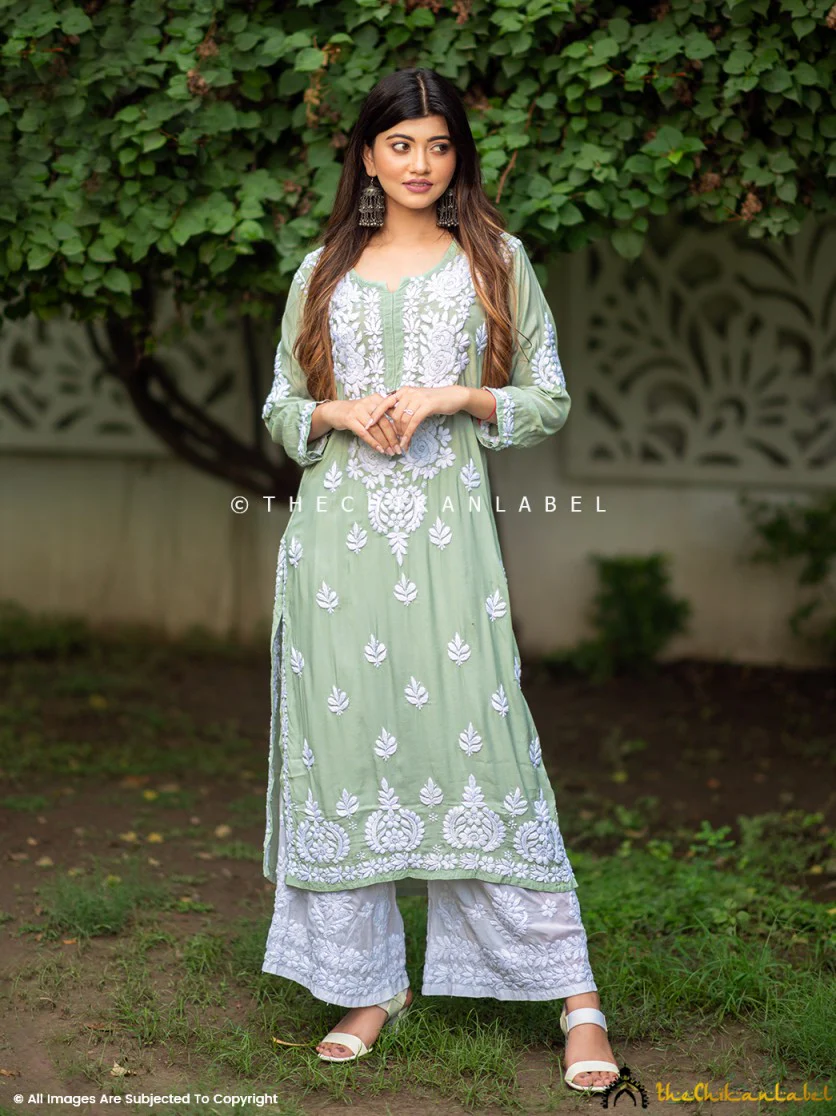 Pista Green Safa Muslin Chikankari Straight Kurti - Image 4
