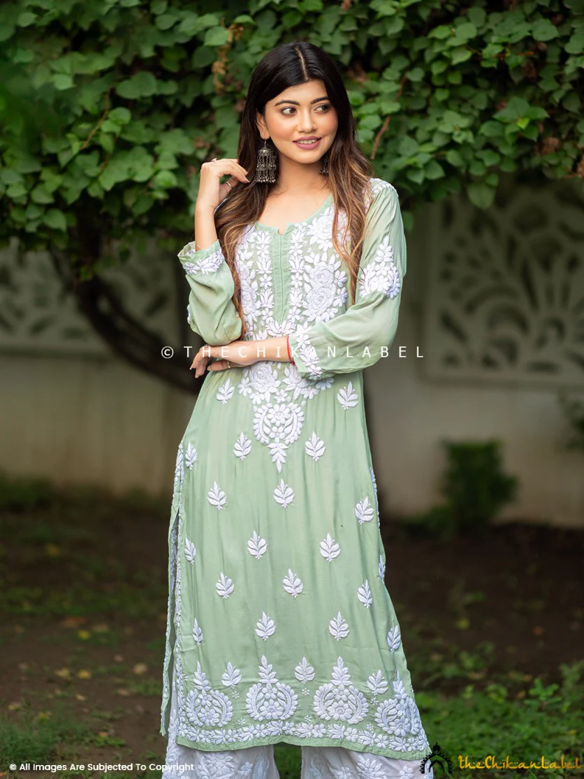 Pista Green Safa Muslin Chikankari Straight Kurti - Image 5