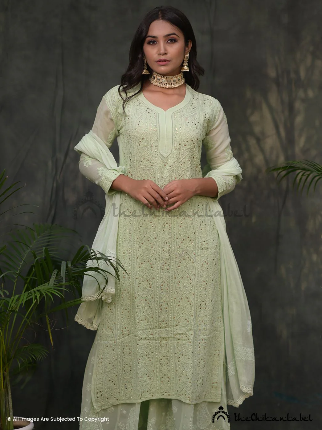 Tara Viscose Chikankari Straight Kurta Set with Dupatta- Pista Green - Image 2