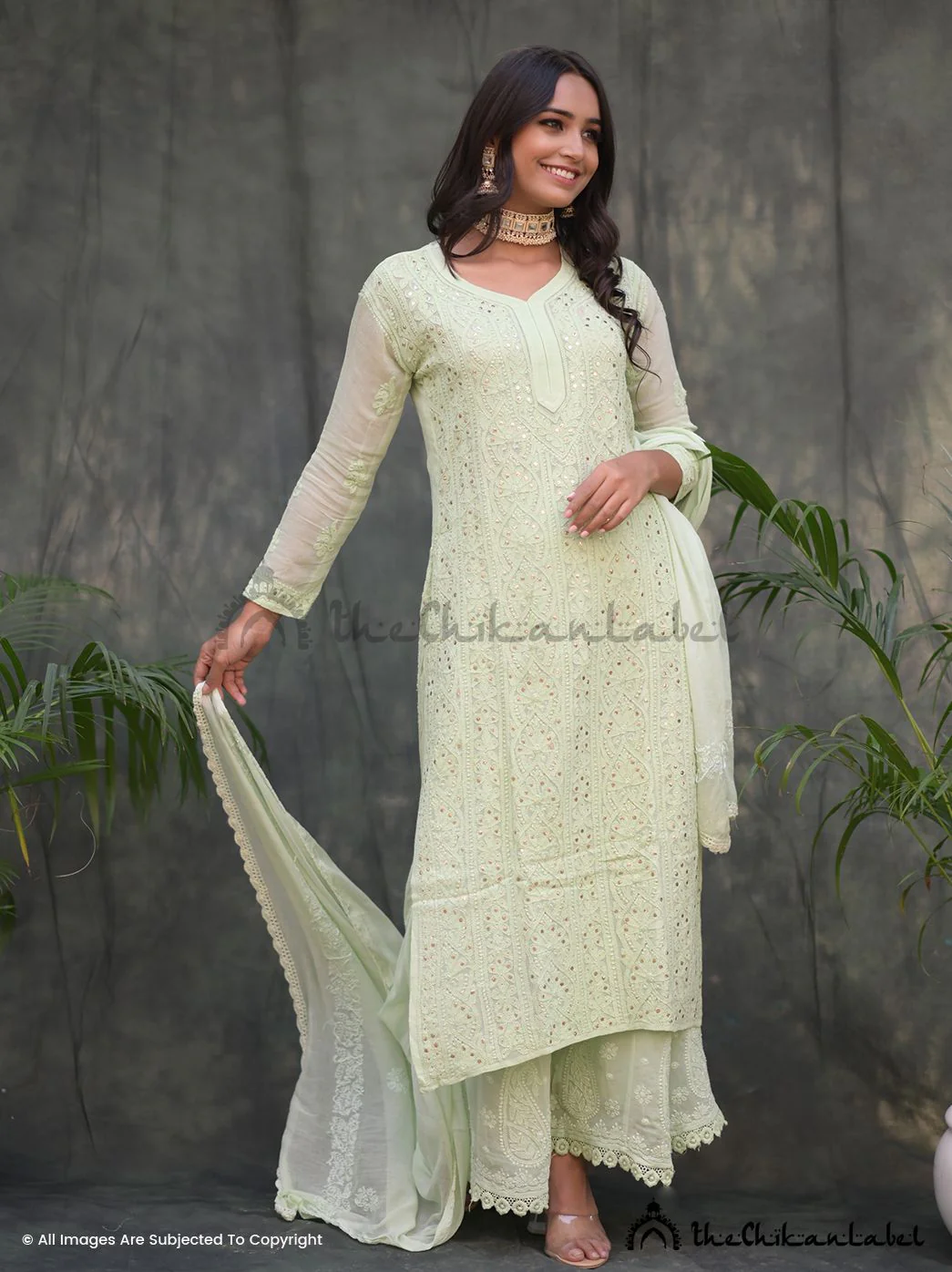 Tara Viscose Chikankari Straight Kurta Set with Dupatta- Pista Green - Image 3
