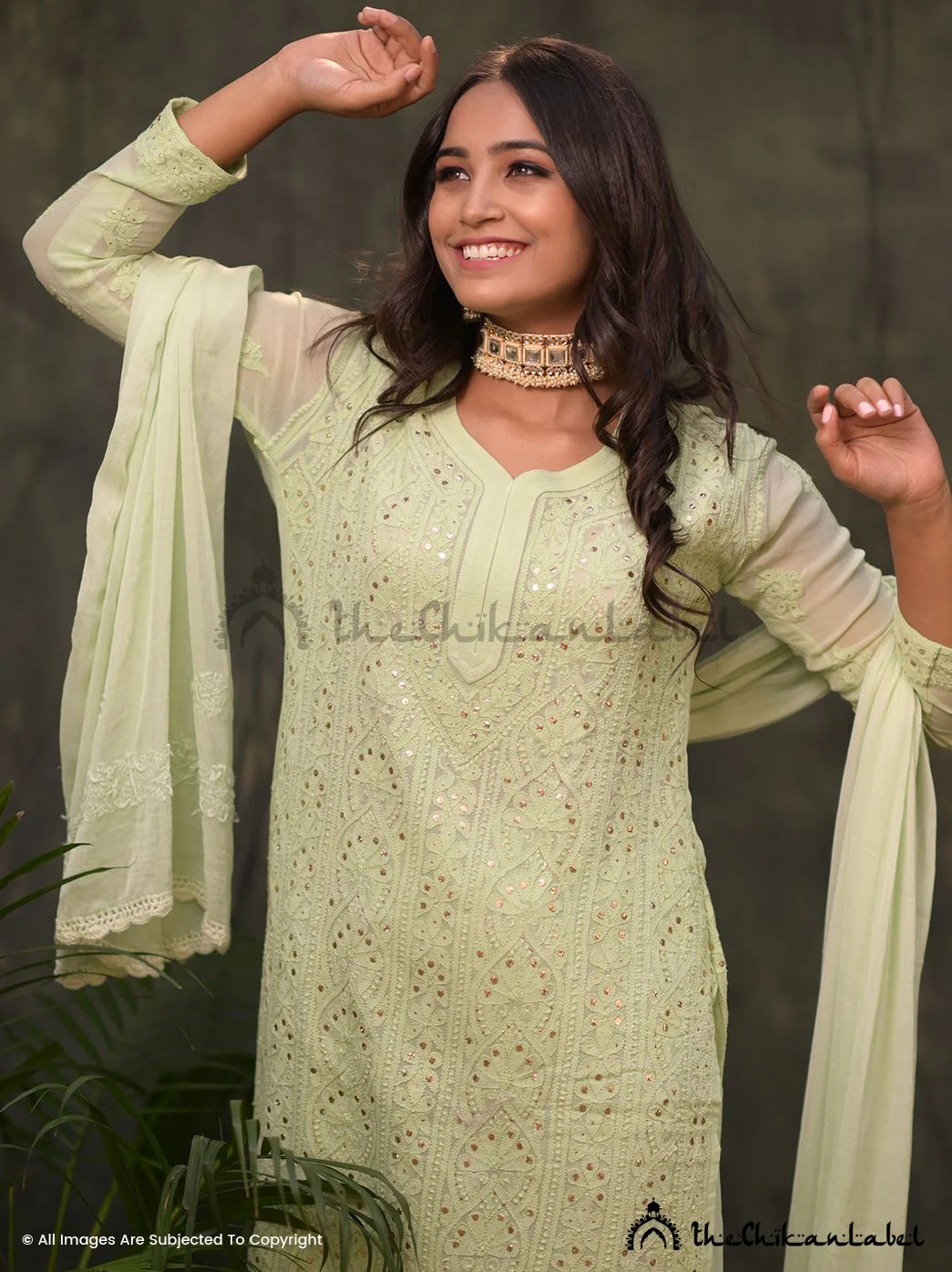 Tara Viscose Chikankari Straight Kurta Set with Dupatta- Pista Green - Image 4