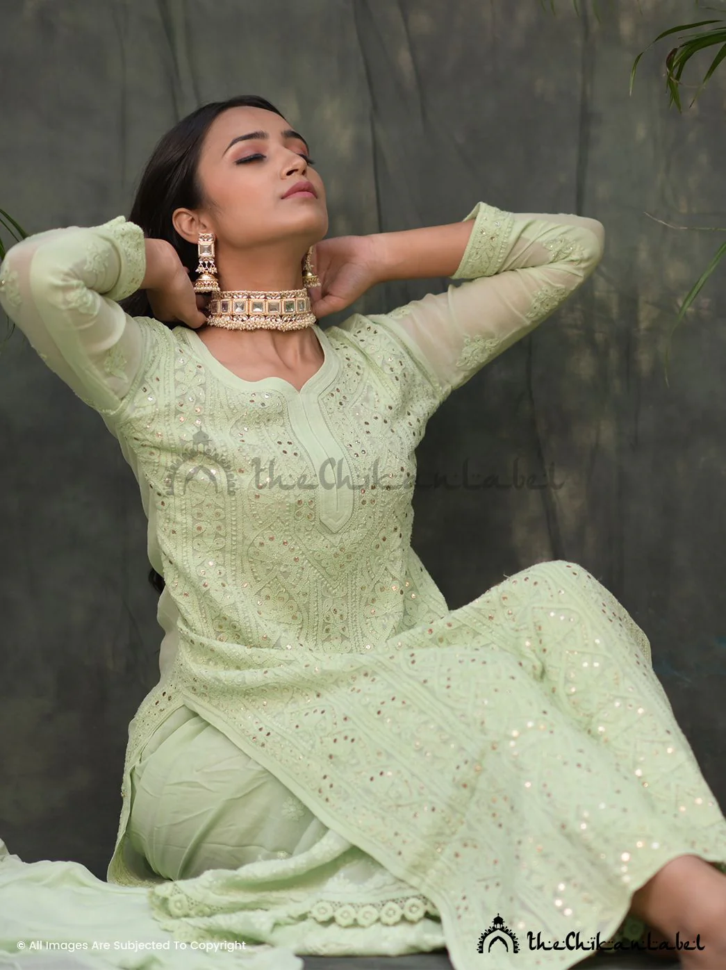 Tara Viscose Chikankari Straight Kurta Set with Dupatta- Pista Green - Image 5