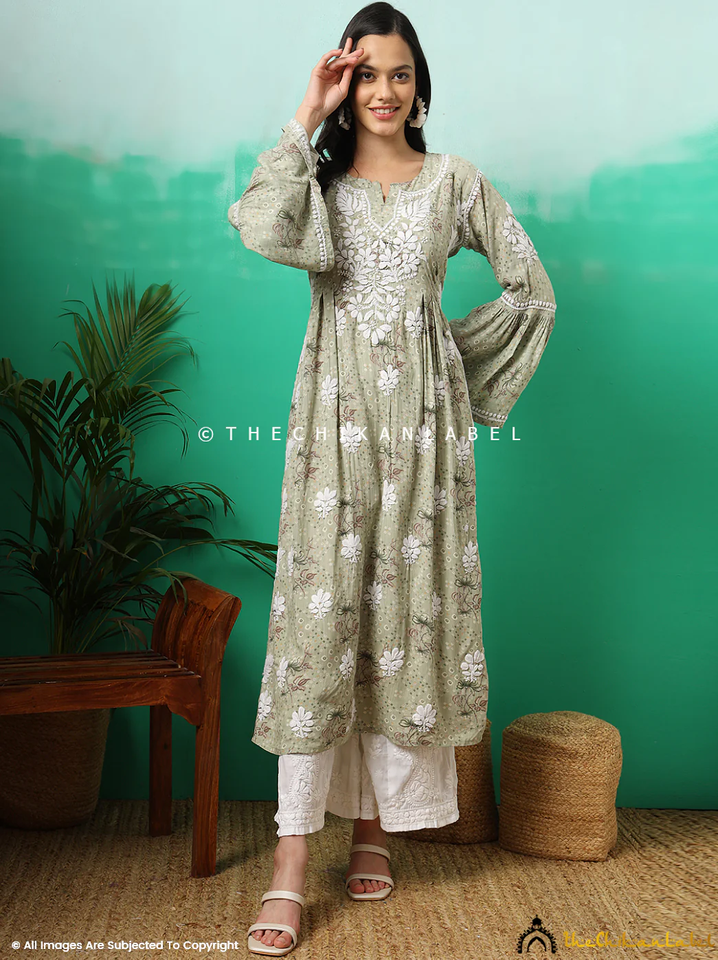 Zoha Mulmul Cotton Chikankari A-Line Kurti -  Pista Green - Image 10
