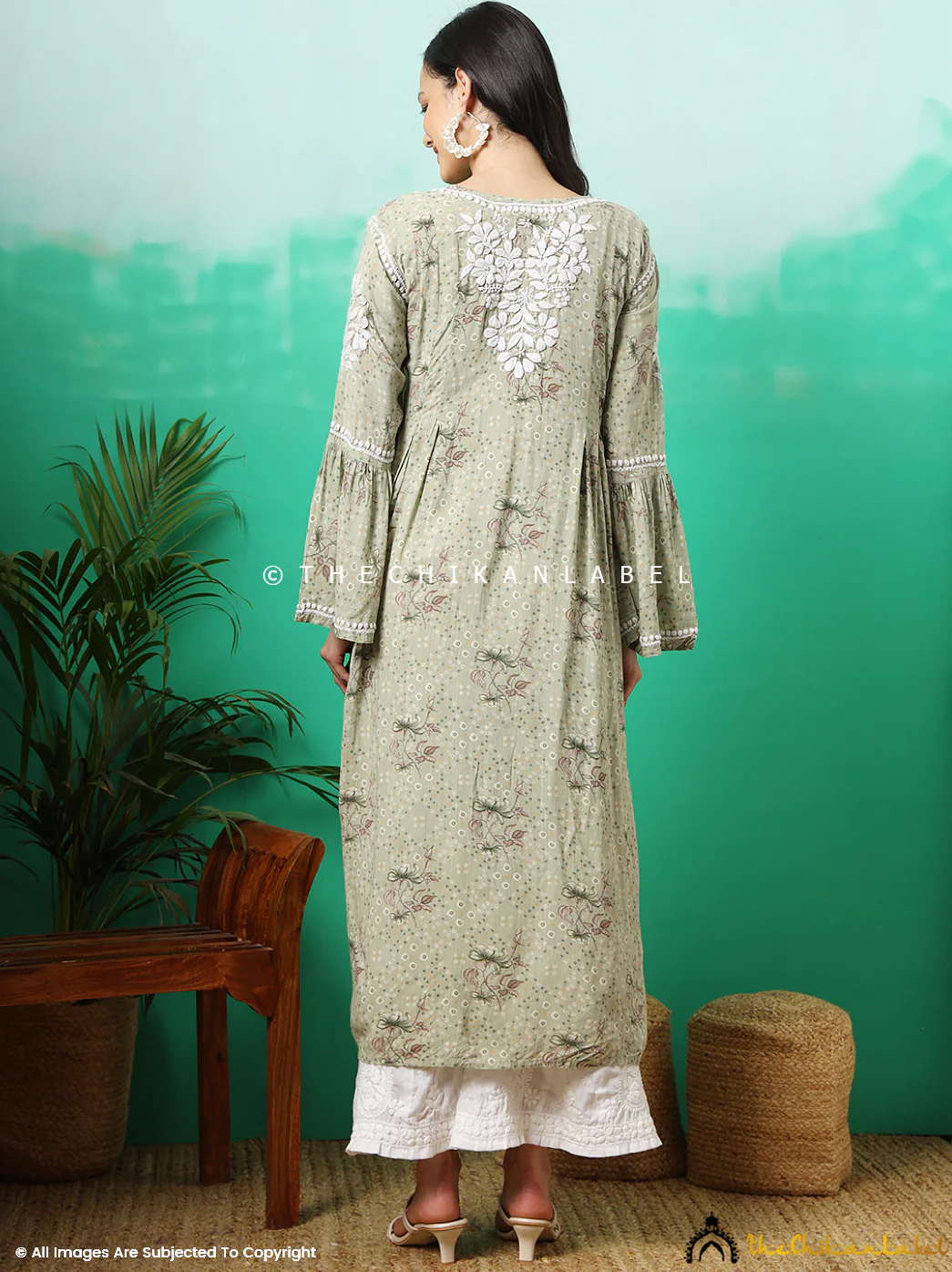 Zoha Mulmul Cotton Chikankari A-Line Kurti -  Pista Green - Image 3