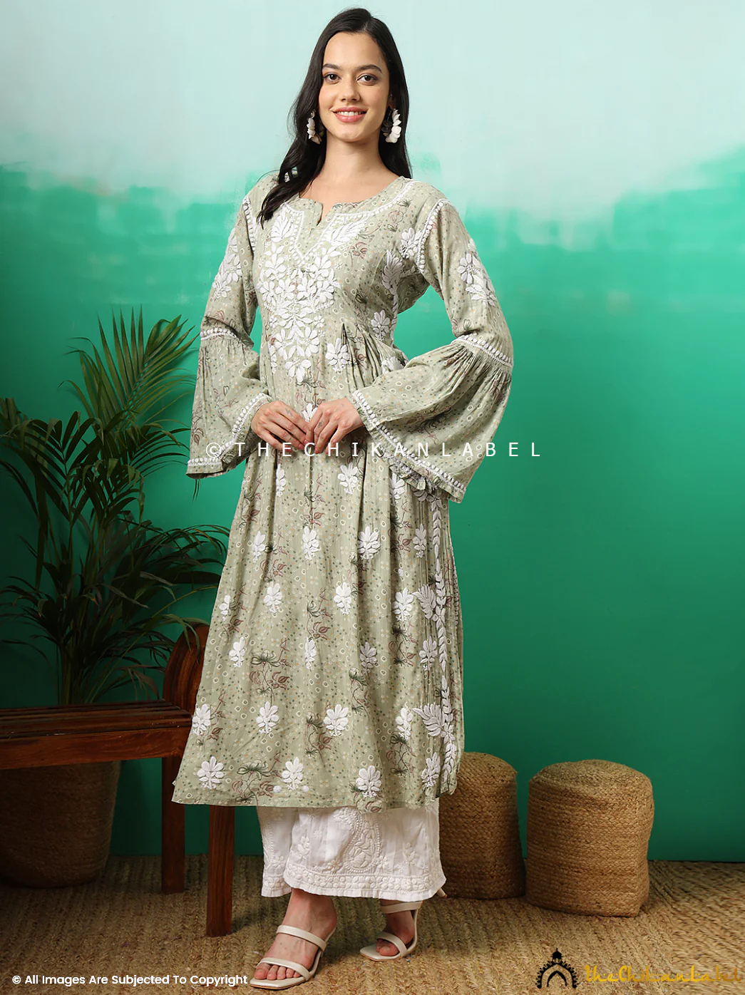 Zoha Mulmul Cotton Chikankari A-Line Kurti -  Pista Green - Image 4