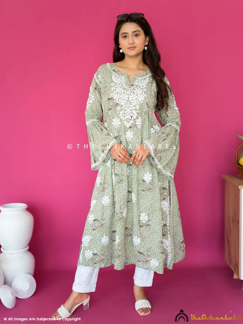 Zoha Mulmul Cotton Chikankari A-Line Kurti -  Pista Green - Image 5