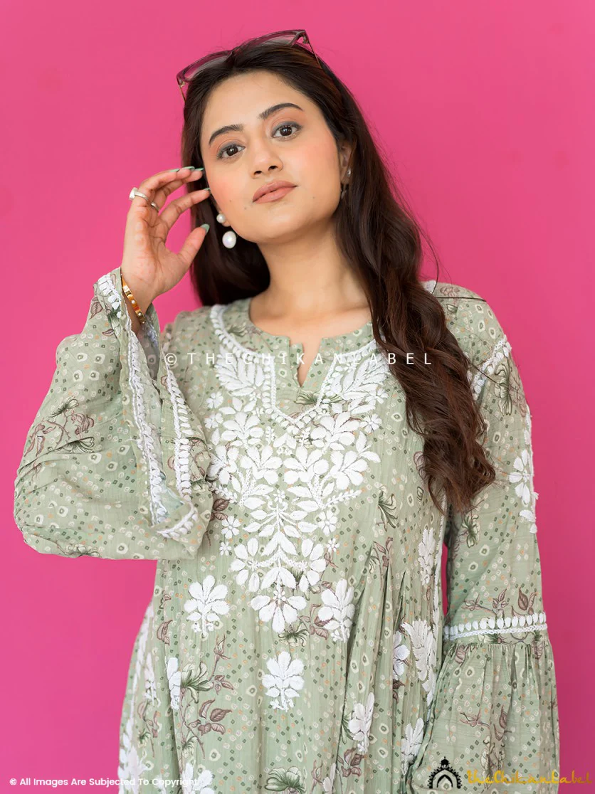 Zoha Mulmul Cotton Chikankari A-Line Kurti -  Pista Green - Image 6