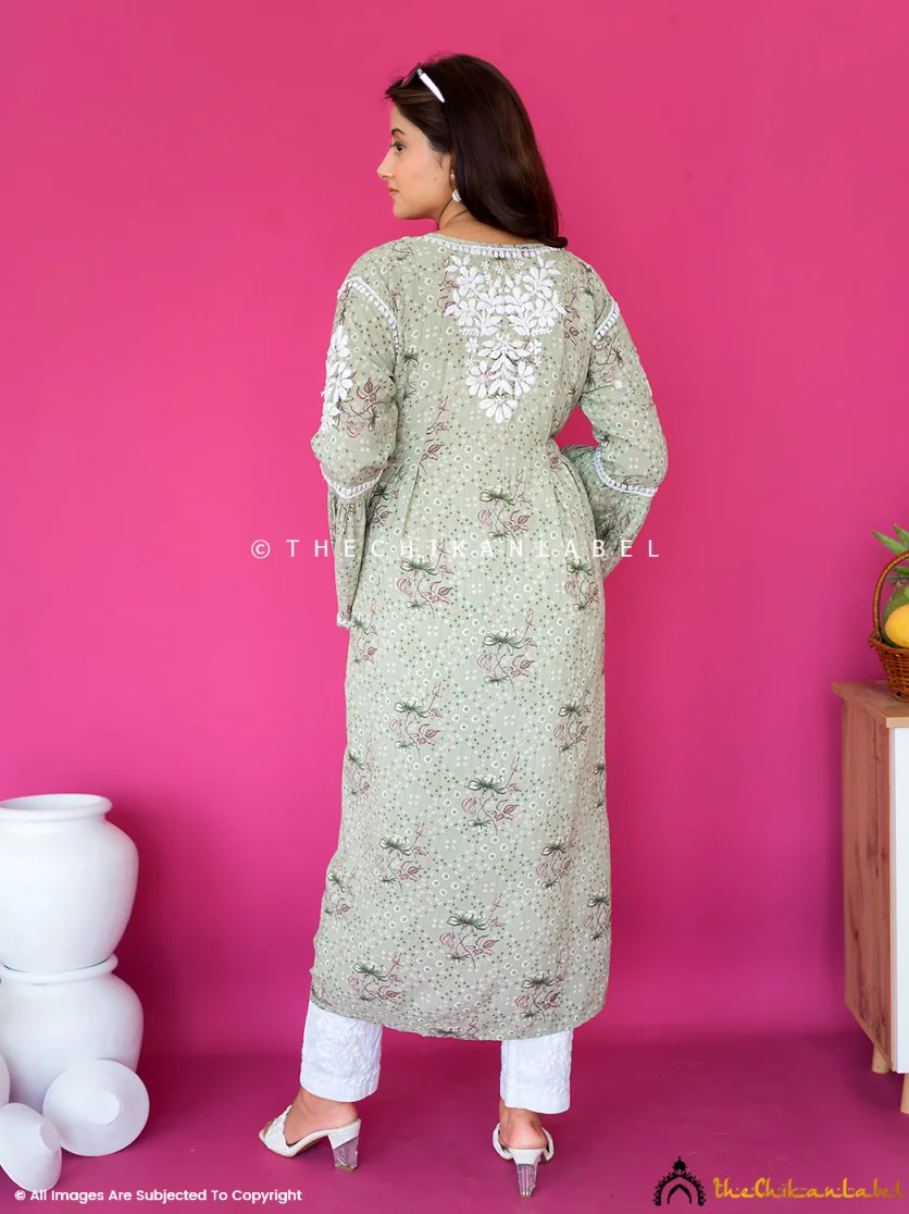 Zoha Mulmul Cotton Chikankari A-Line Kurti -  Pista Green - Image 7