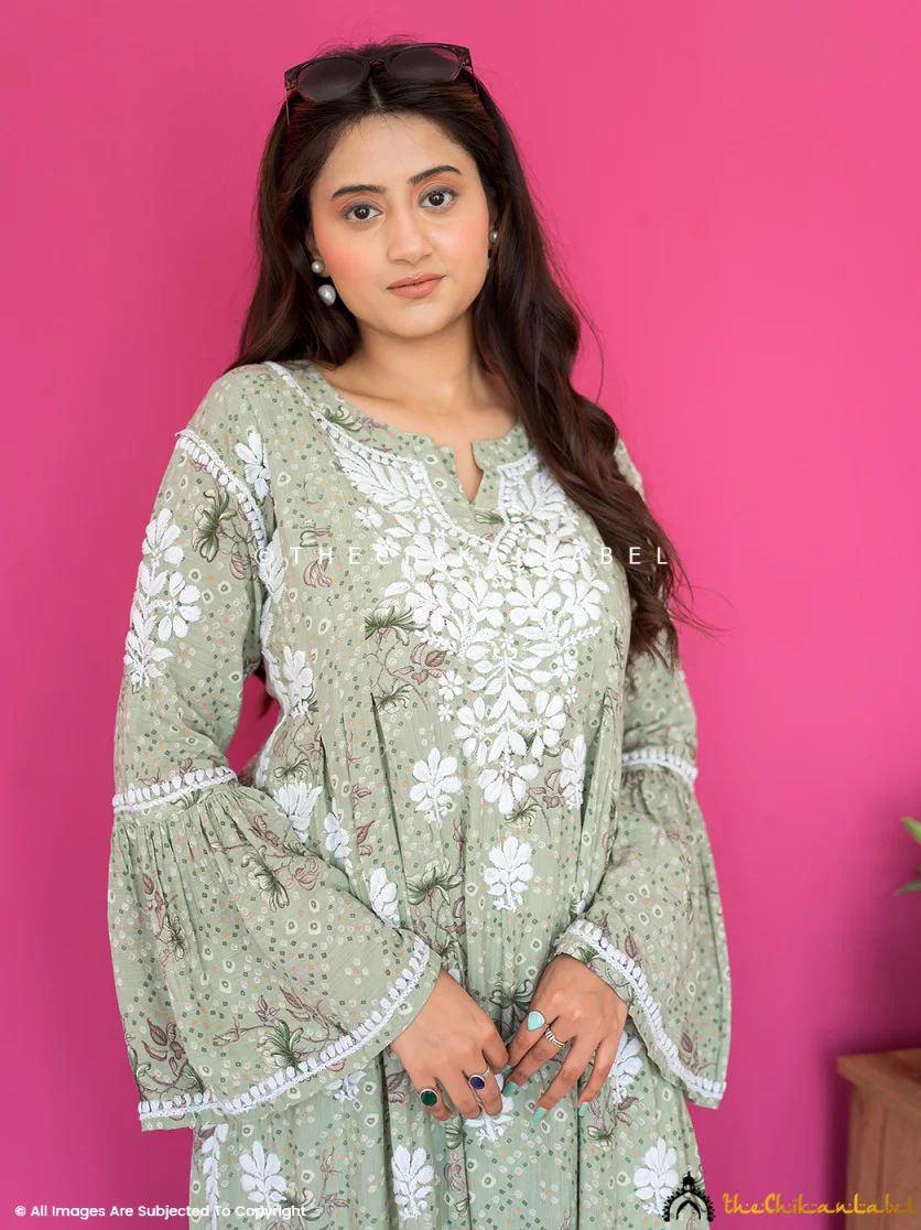 Zoha Mulmul Cotton Chikankari A-Line Kurti -  Pista Green - Image 9