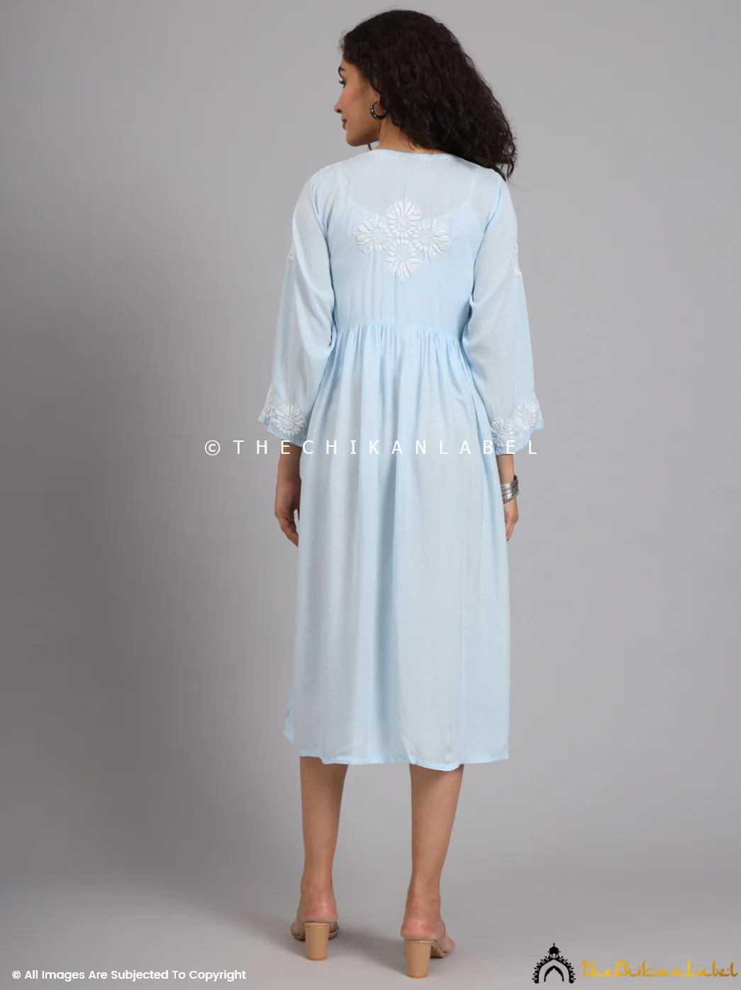 Aina Modal Chikankari Alia Cut A-Line Kurti -Powder Blue - Image 3