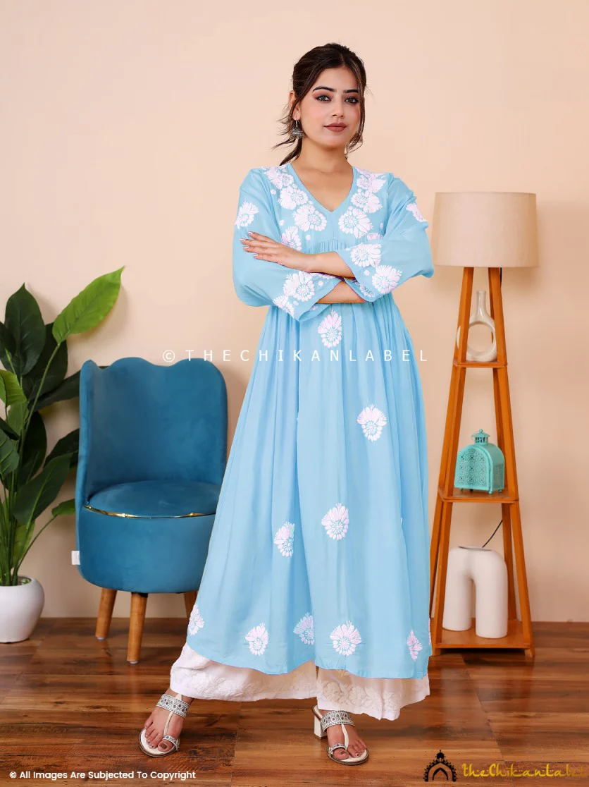 Aina Modal Chikankari Alia Cut A-Line Kurti -Powder Blue - Image 4