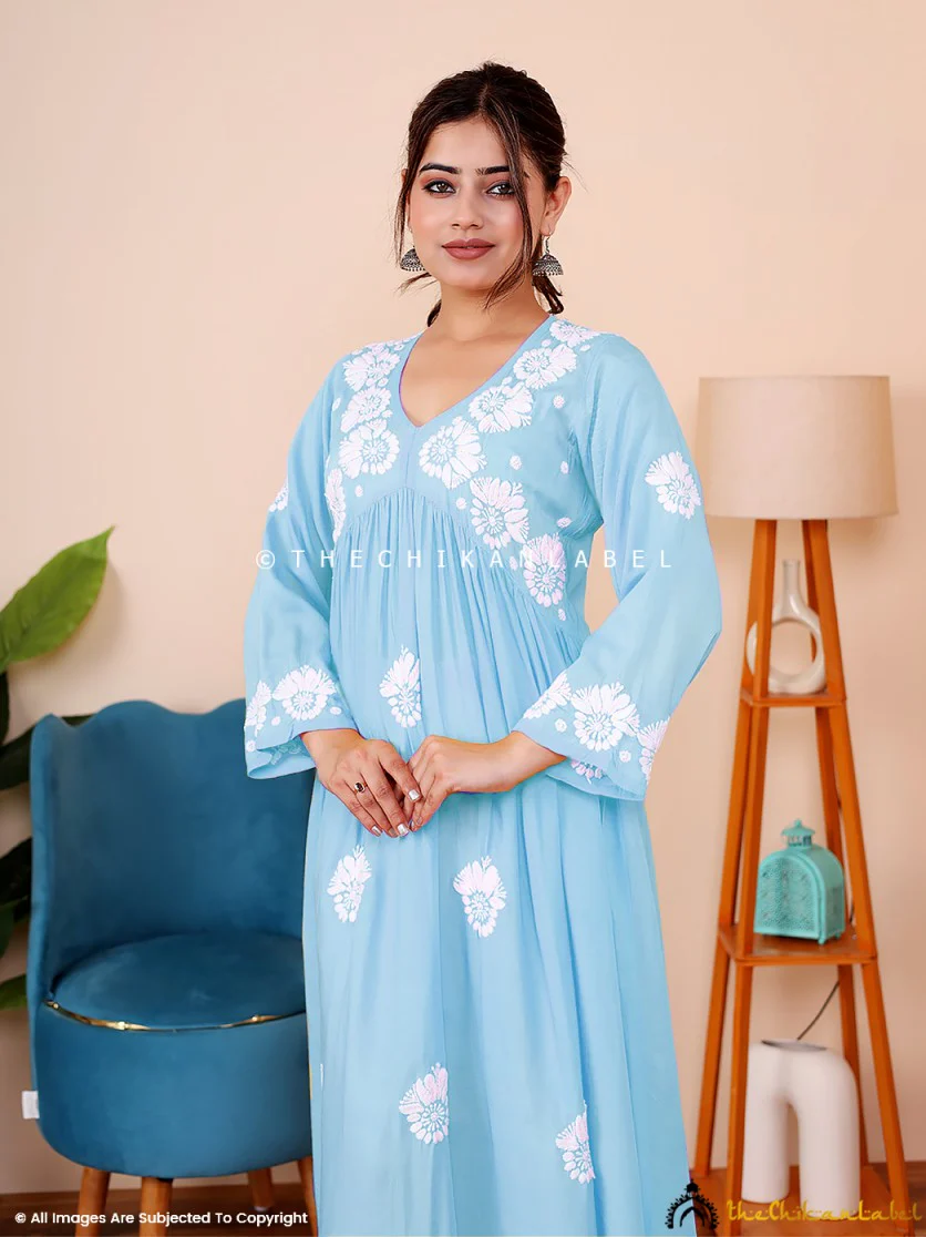Aina Modal Chikankari Alia Cut A-Line Kurti -Powder Blue - Image 5