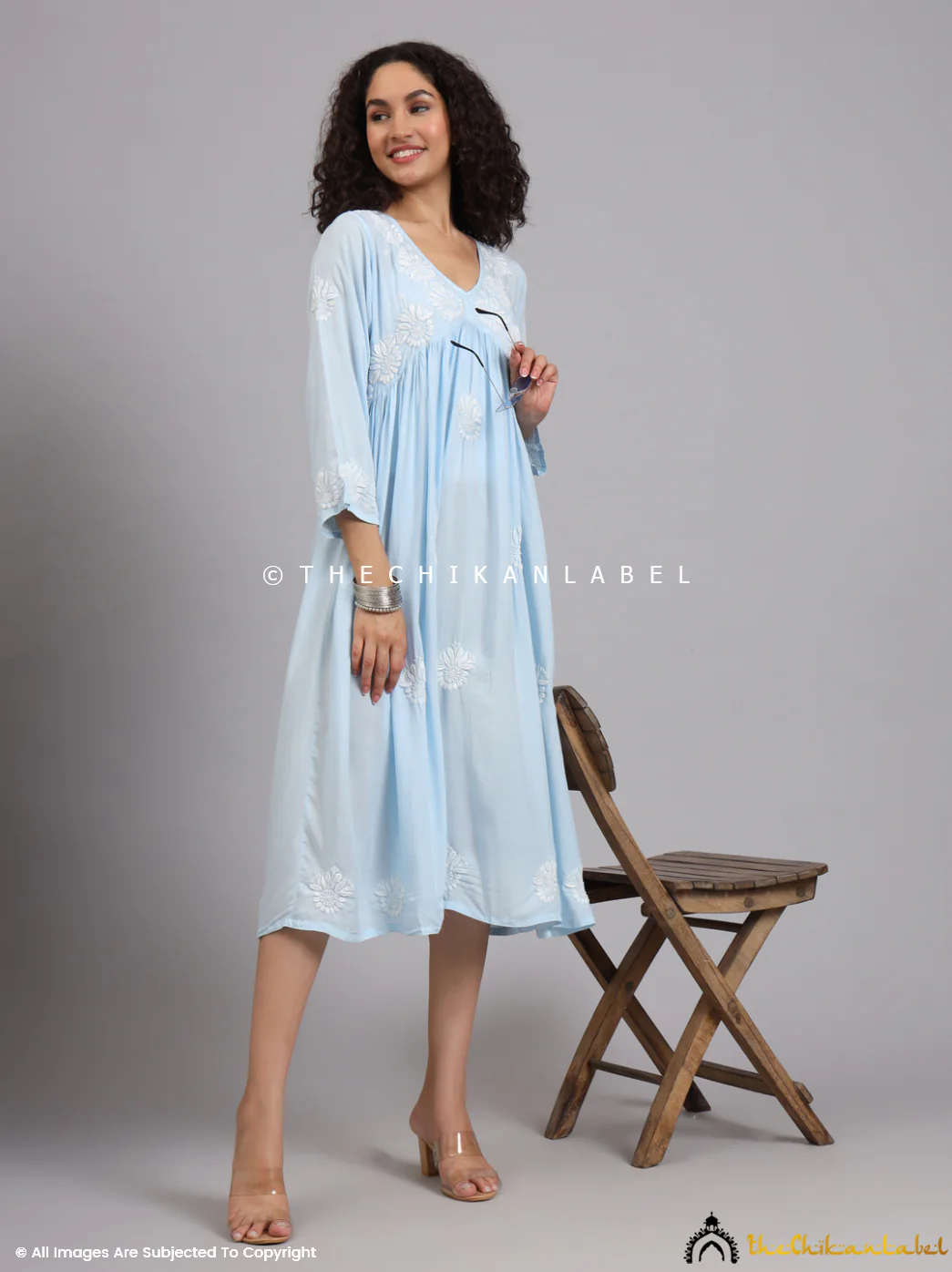 Aina Modal Chikankari Alia Cut A-Line Kurti -Powder Blue - Image 6