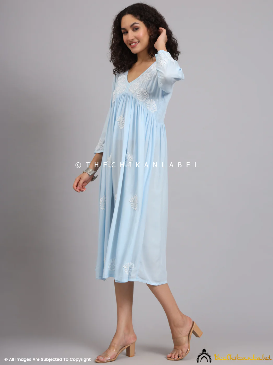Aina Modal Chikankari Alia Cut A-Line Kurti -Powder Blue - Image 7