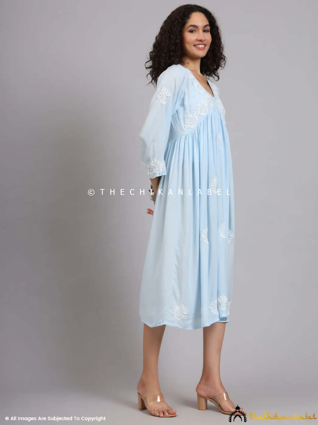 Aina Modal Chikankari Alia Cut A-Line Kurti -Powder Blue - Image 8