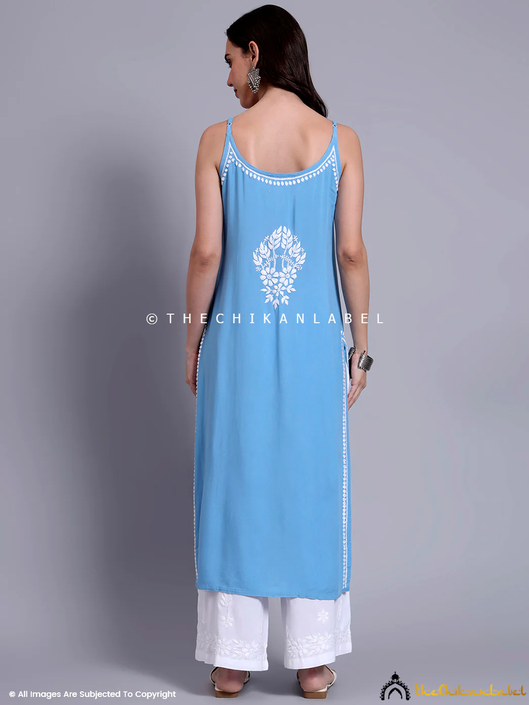 Aliza Modal Chikankari Strappy Long Kurta - Powder Blue - Image 3
