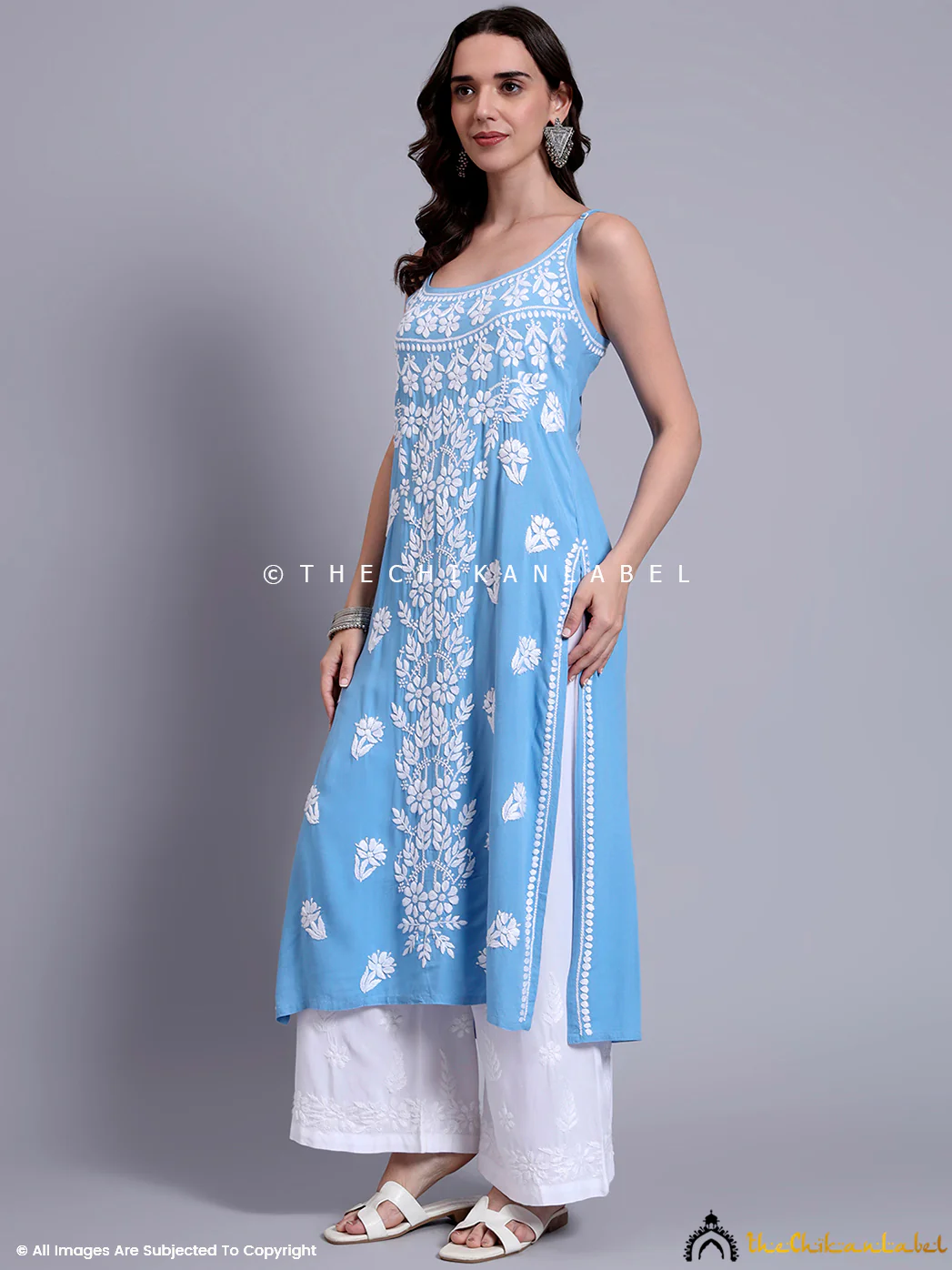 Aliza Modal Chikankari Strappy Long Kurta - Powder Blue - Image 4