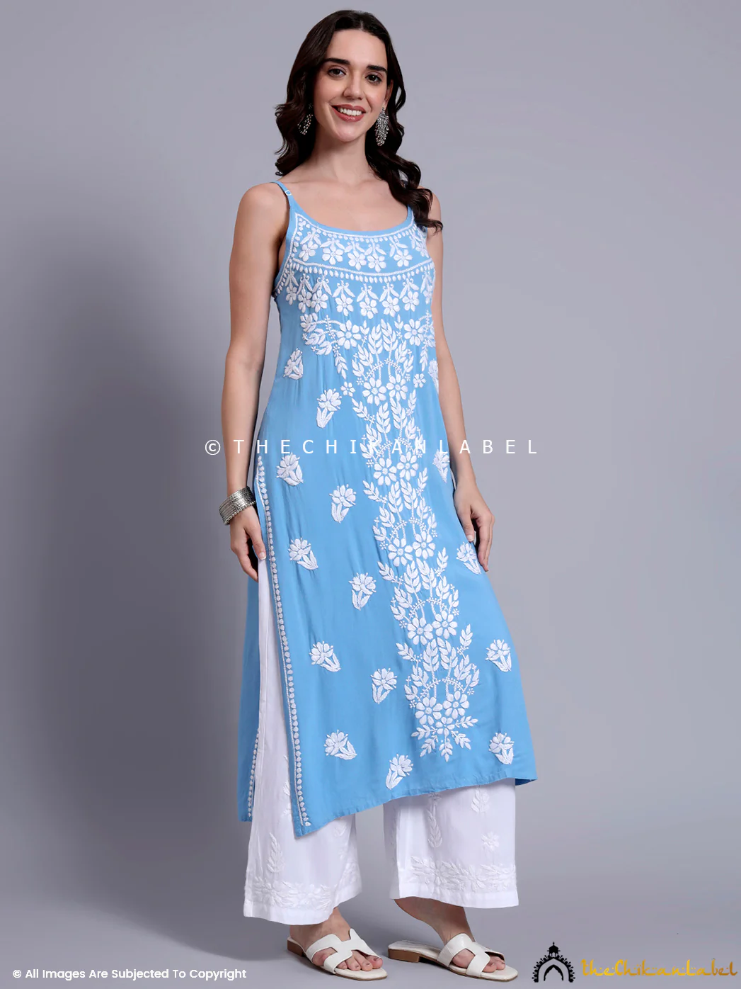 Aliza Modal Chikankari Strappy Long Kurta - Powder Blue - Image 5