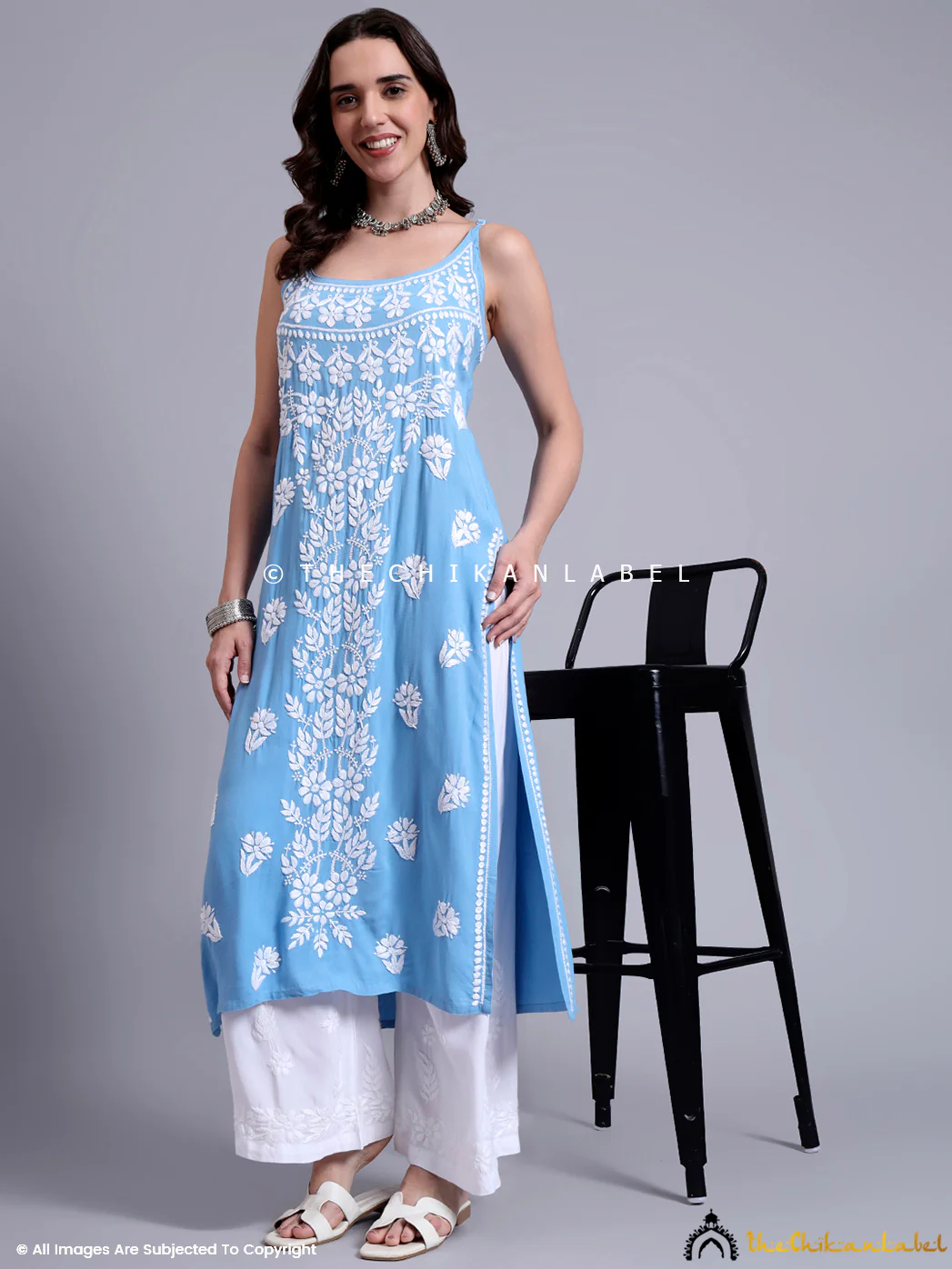 Aliza Modal Chikankari Strappy Long Kurta - Powder Blue - Image 6