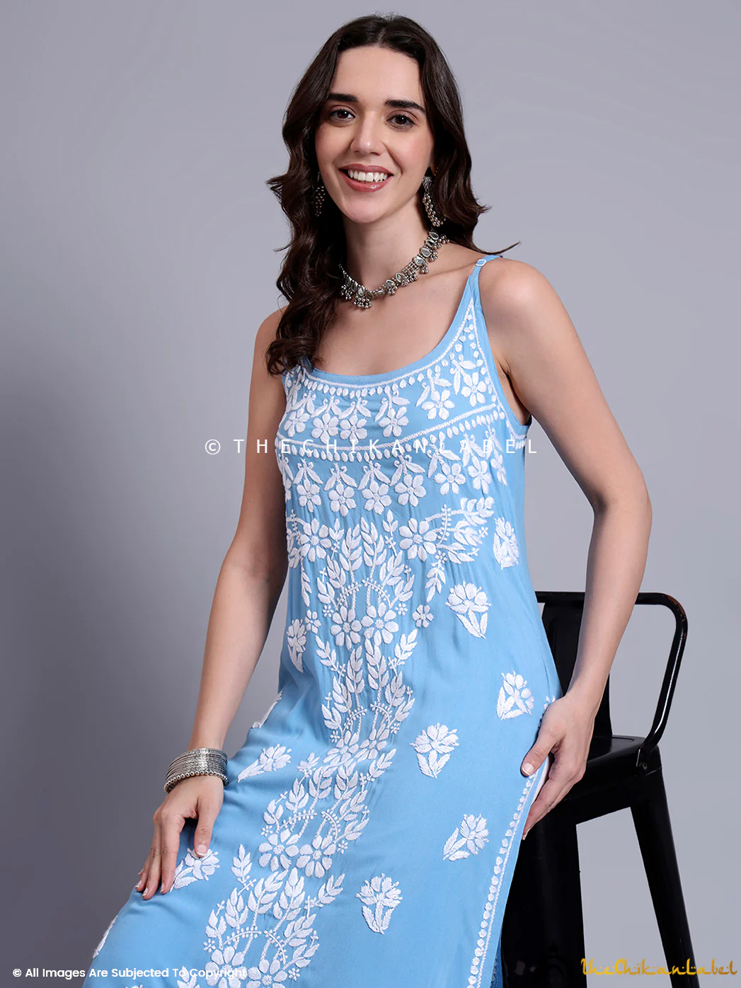 Aliza Modal Chikankari Strappy Long Kurta - Powder Blue - Image 7
