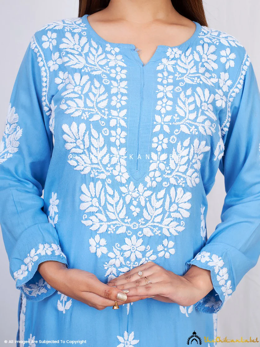Powder Blue Binal Rayon Chikankari Straight Kurti - Image 2