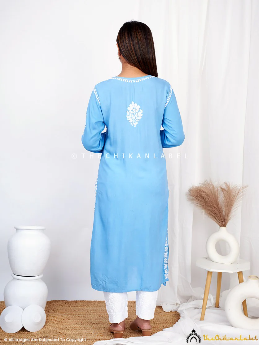 Powder Blue Binal Rayon Chikankari Straight Kurti - Image 3