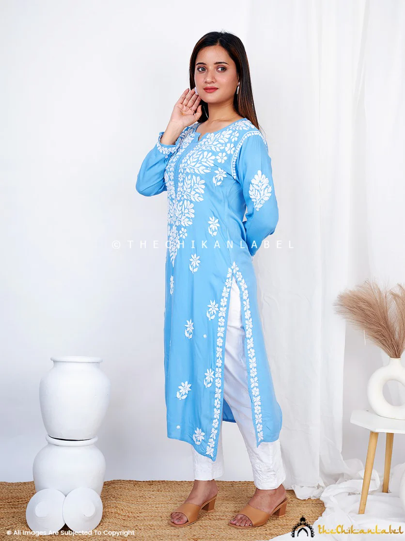 Powder Blue Binal Rayon Chikankari Straight Kurti - Image 4