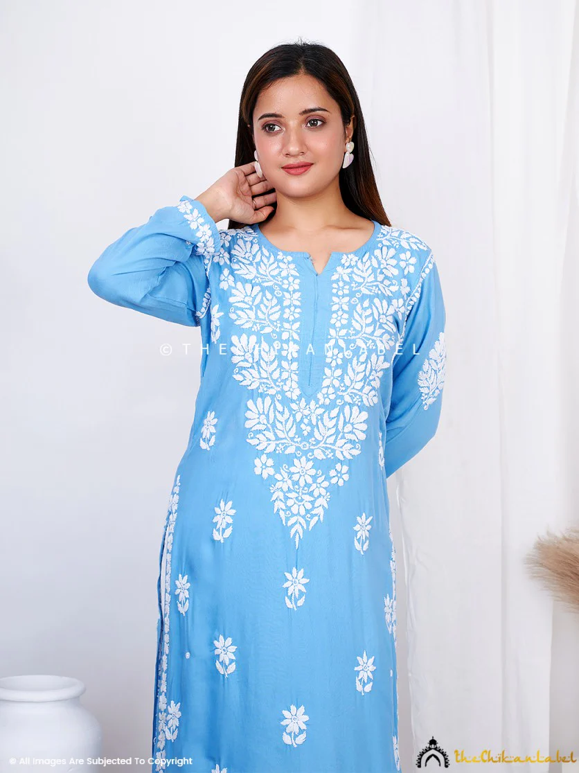 Powder Blue Binal Rayon Chikankari Straight Kurti - Image 5