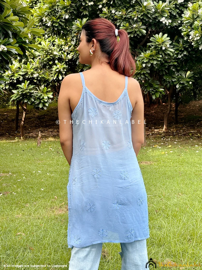 Powder Blue Jia Viscose Chikankari Strappy Short Kurta - Image 3