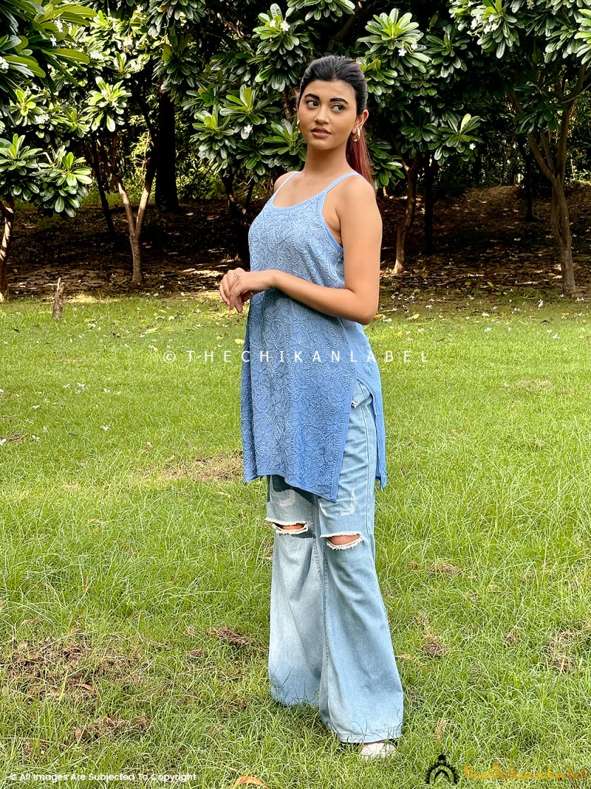 Powder Blue Jia Viscose Chikankari Strappy Short Kurta - Image 4