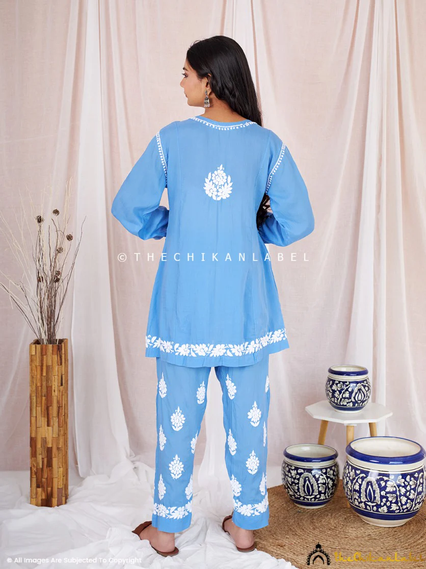 Rosa Modal Chikankari Short Kurta Set-Powder Blue - Image 3