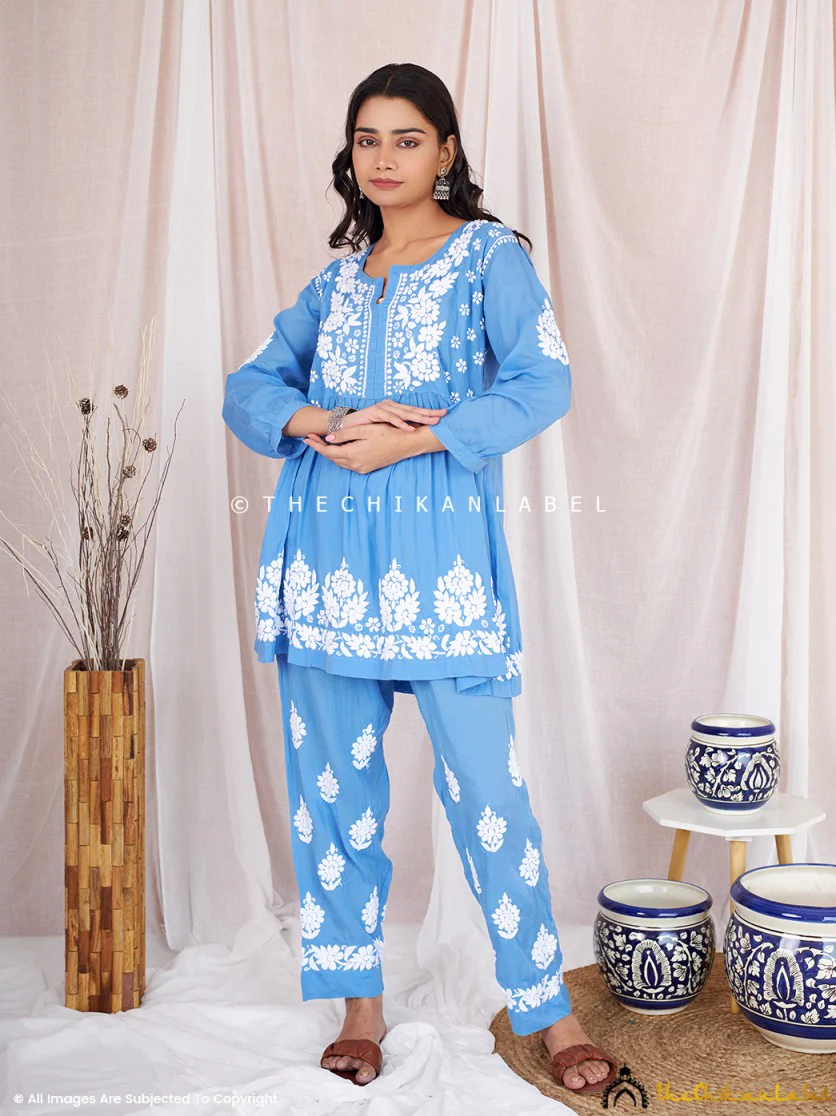 Rosa Modal Chikankari Short Kurta Set-Powder Blue - Image 4