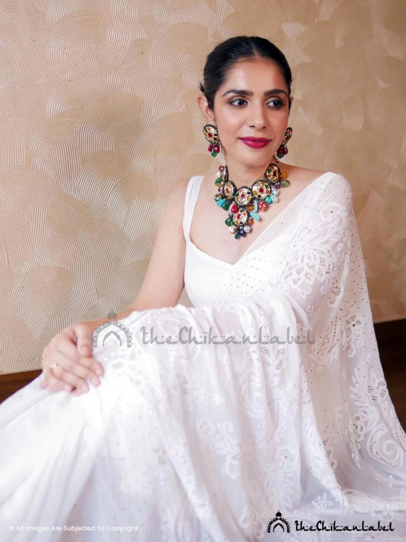 Prerna Chhabra White Heer Viscose Chikankari Saree - Image 4