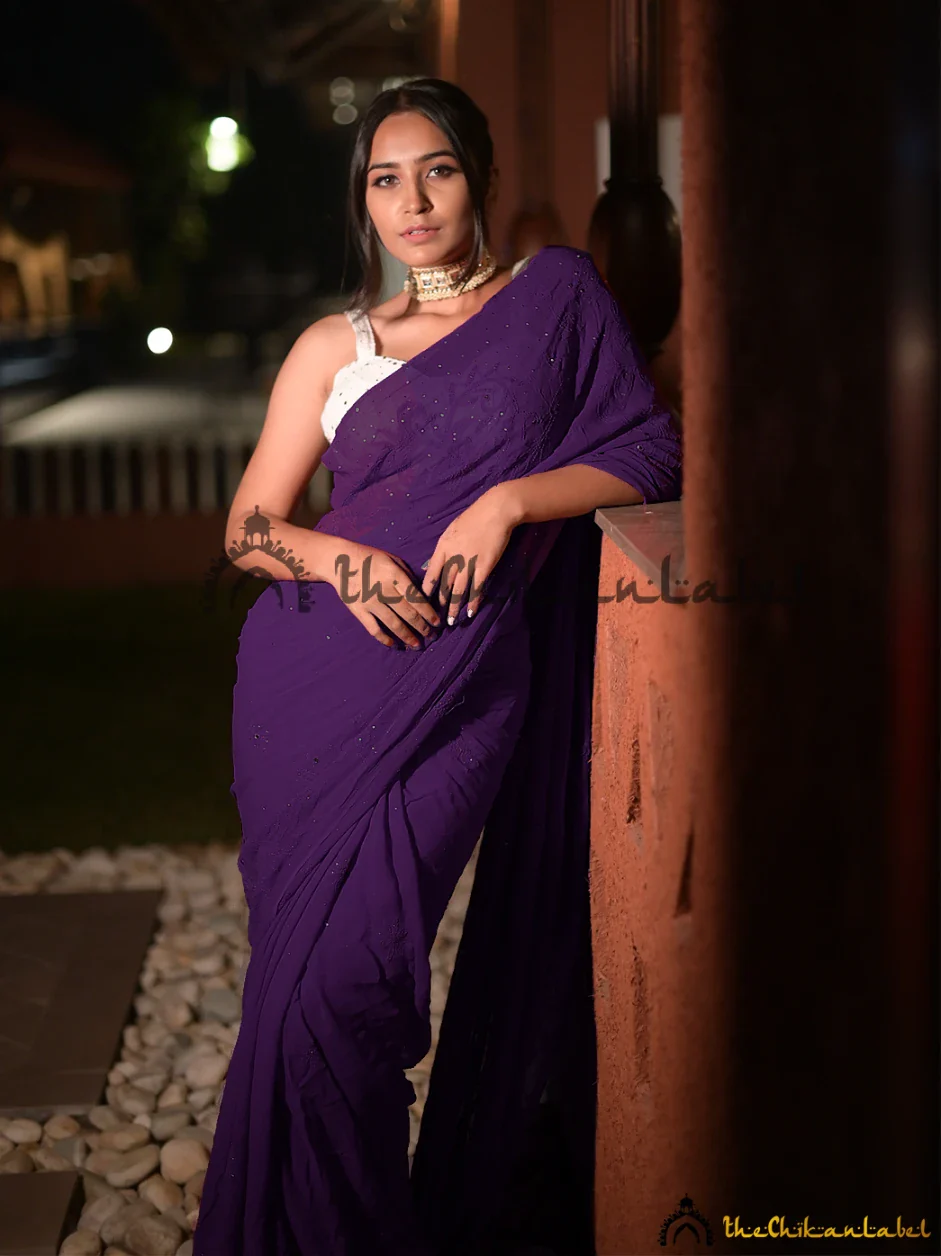 Purple Heer Viscose Chikankari Saree - Image 2
