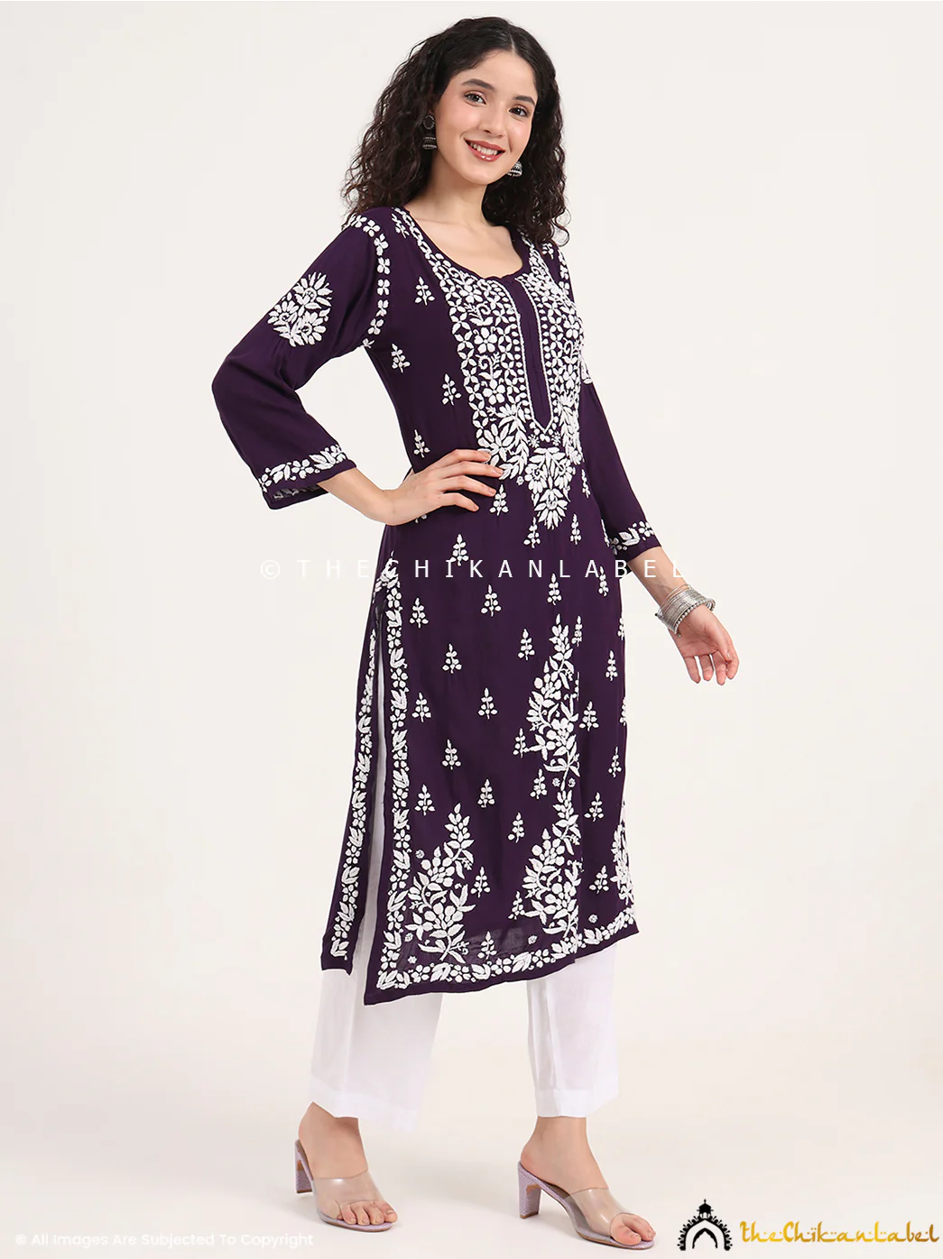 Manvi Rayon Chikankari Straight Kurti - Purple - Image 3