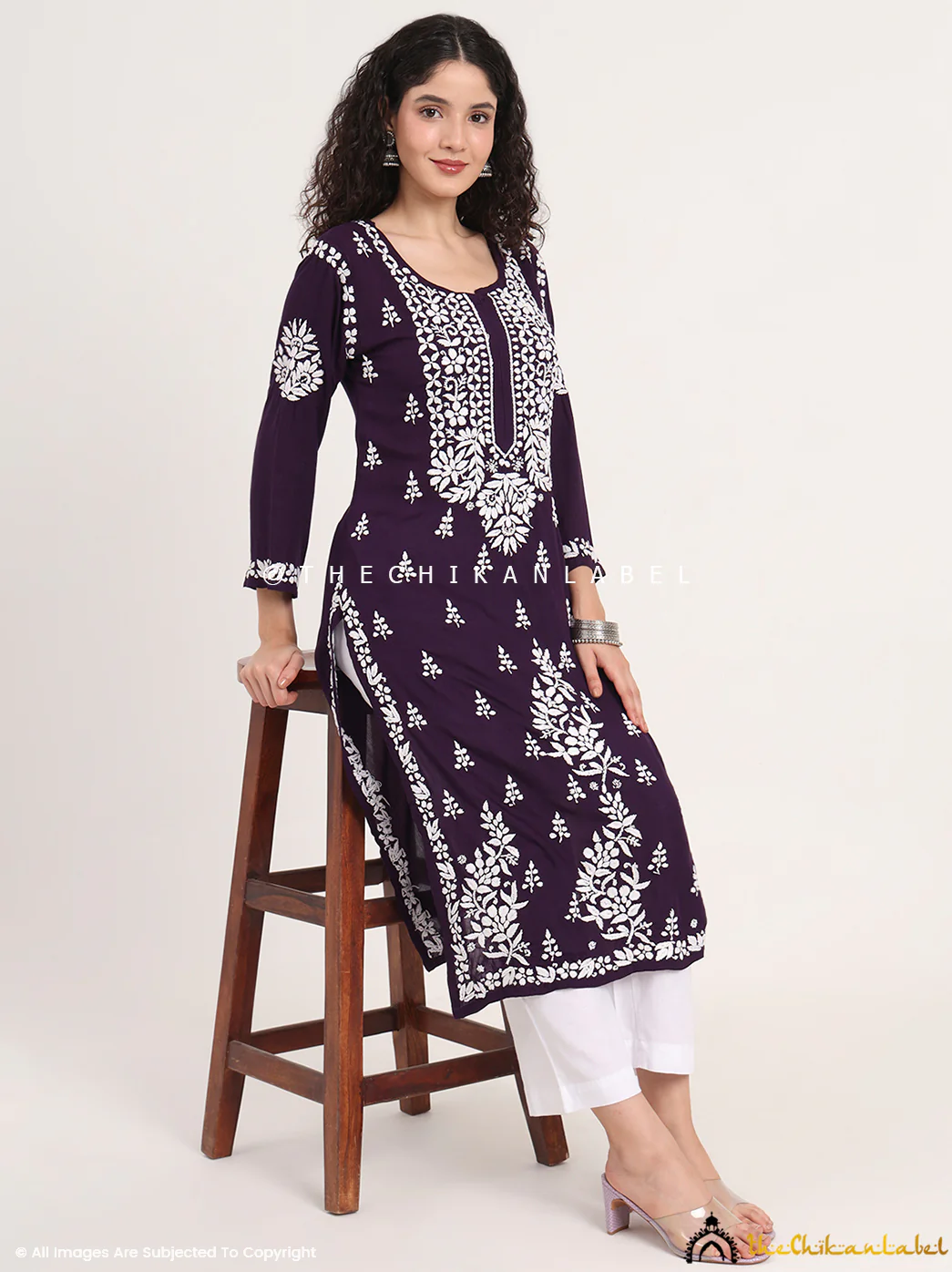 Manvi Rayon Chikankari Straight Kurti - Purple - Image 5