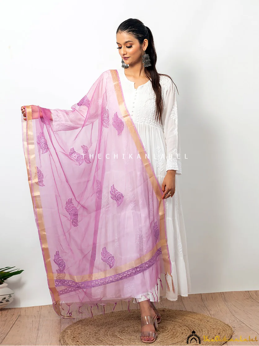 Purple Organza Chikankari Dupatta Lucknawi Chikan Handmade Stole Scarf - Image 3