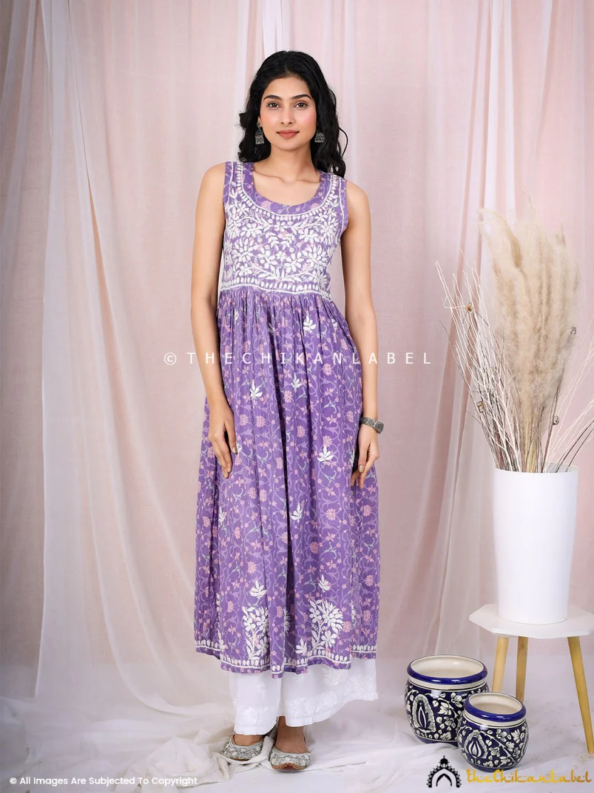Rahila Mulmul Printed Sleeveless A-Line Kurti - Purple - Image 5