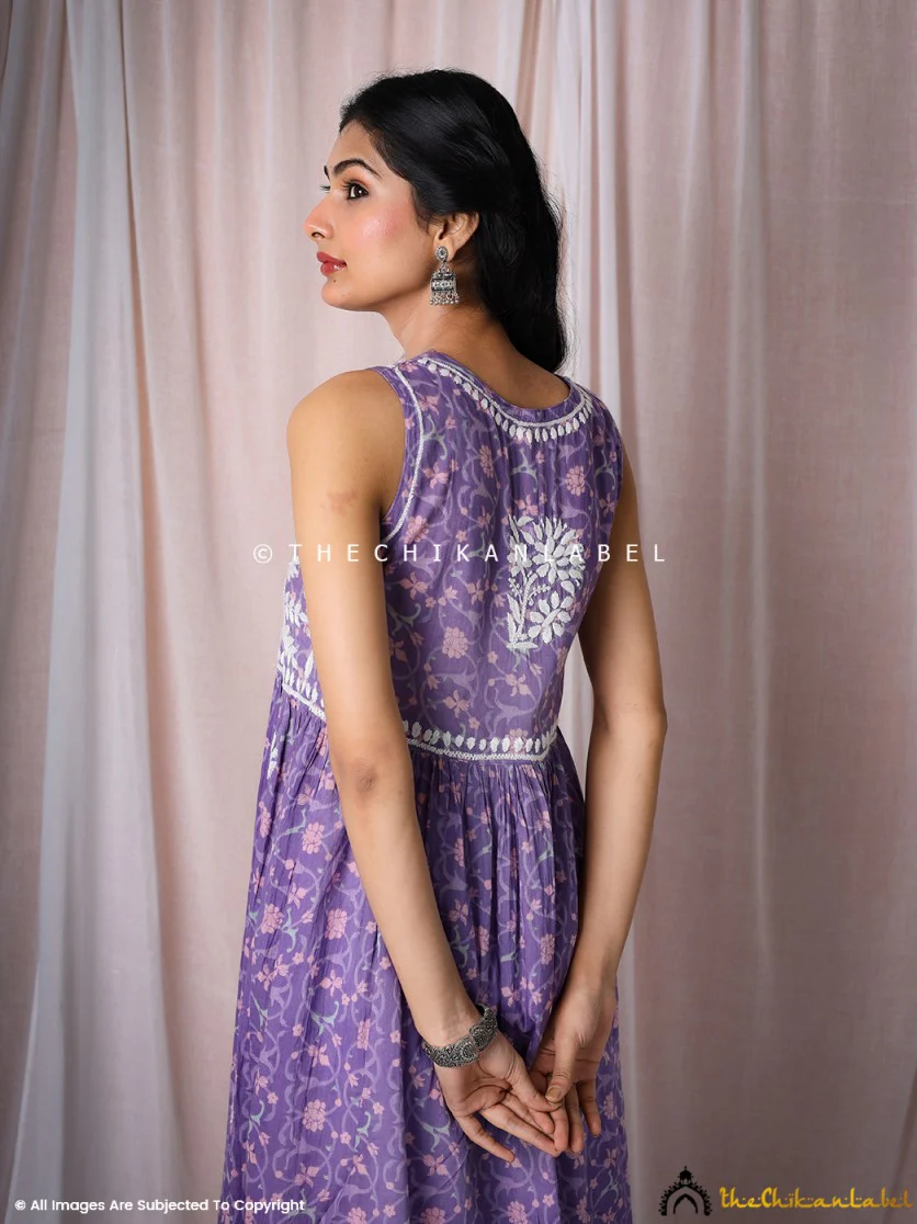 Rahila Mulmul Printed Sleeveless A-Line Kurti - Purple - Image 7