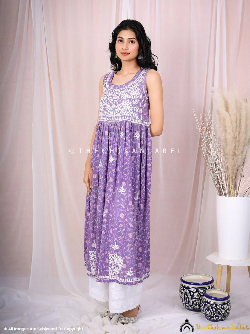 Rahila Mulmul Printed Sleeveless A-Line Kurti - Purple - Image 8