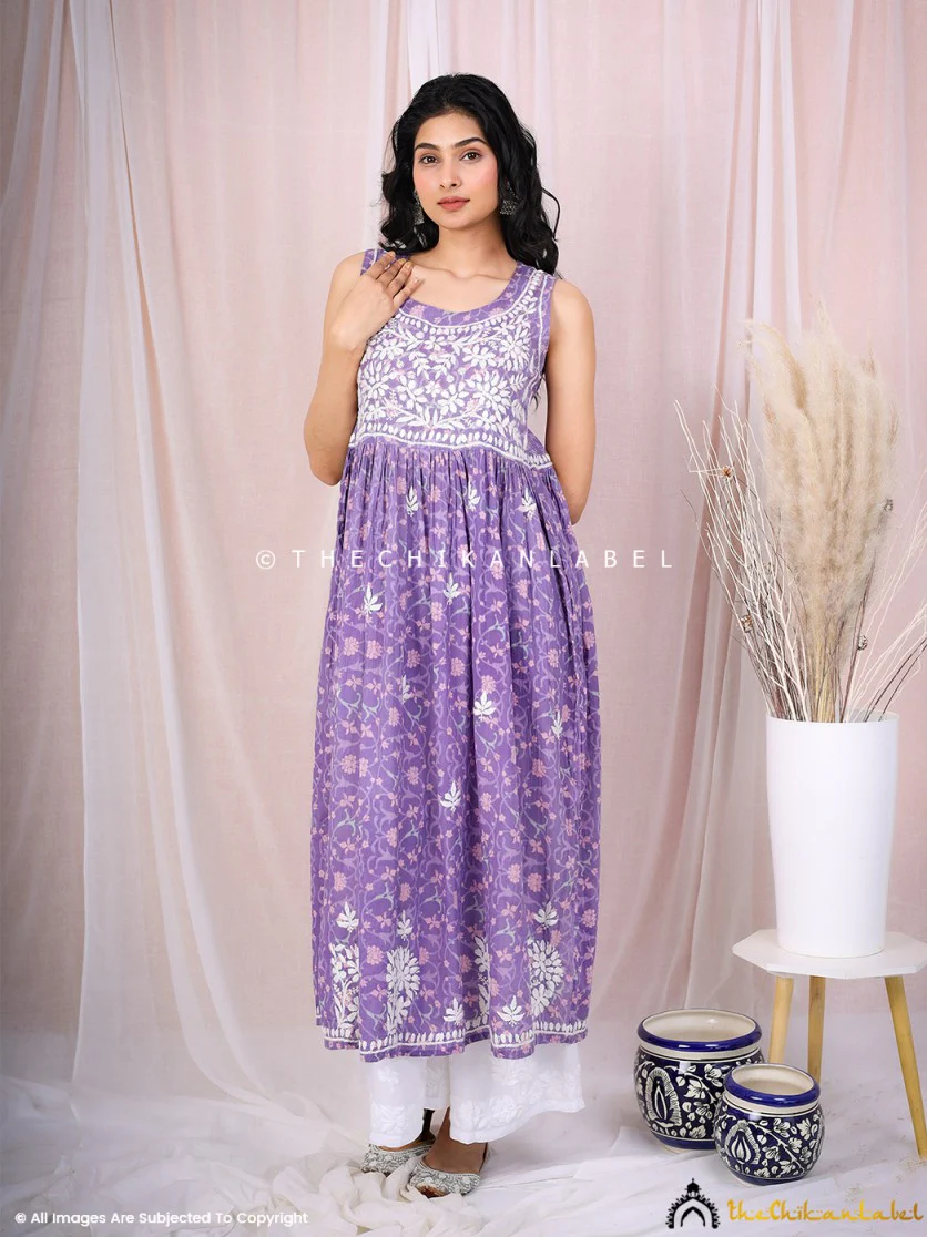 Rahila Mulmul Printed Sleeveless A-Line Kurti - Purple - Image 9