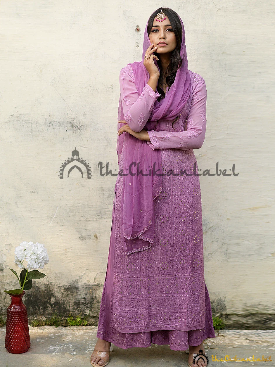 Ruhani Viscose Chikankari Kurta Set with Dupatta - Purple - Image 4