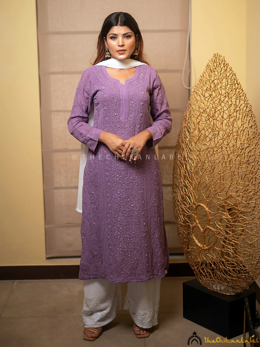 Suhani Viscose Chikankari Straight Kurti - Purple - Image 3