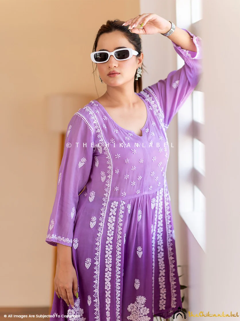 Tvisha Crepe A-Line Chikankari Peplum Top - Purple