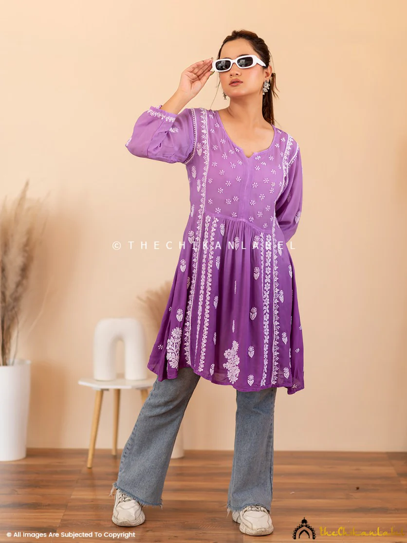 Tvisha Crepe A-Line Chikankari Peplum Top - Purple - Image 2