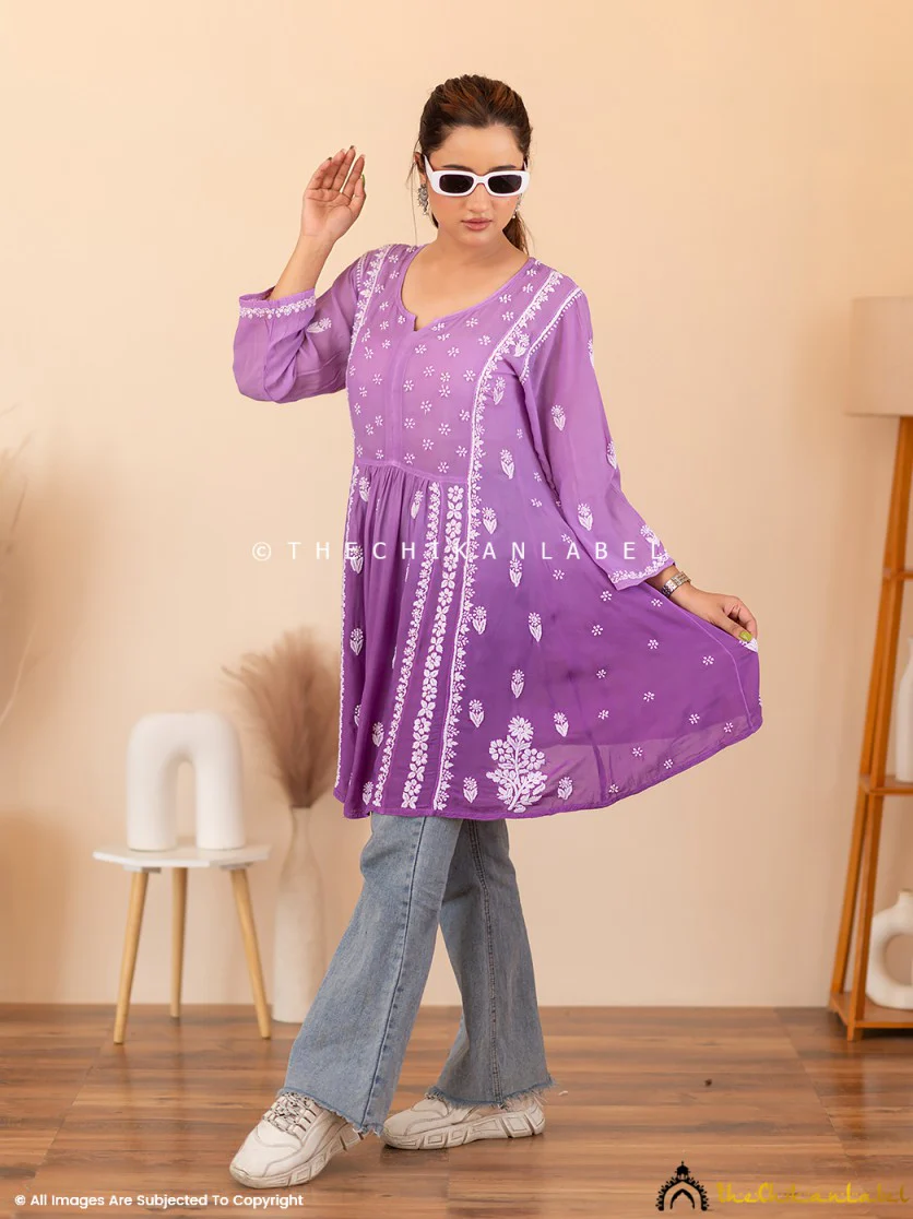 Tvisha Crepe A-Line Chikankari Peplum Top - Purple - Image 5