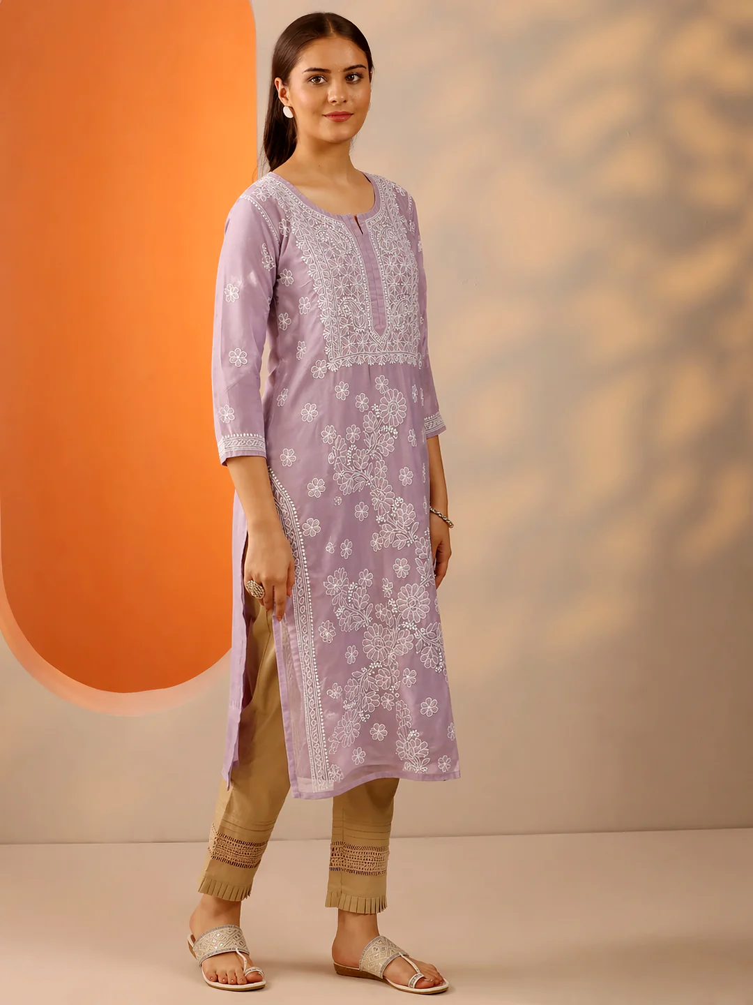 Purple Vira Cotton Chikankari Straight Kurti with inner - Image 4