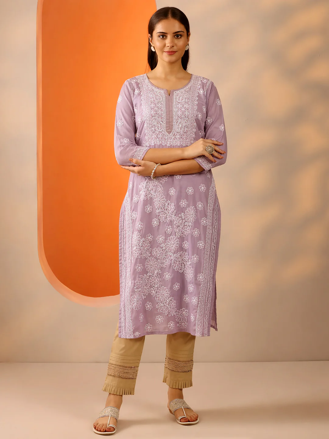 Purple Vira Cotton Chikankari Straight Kurti with inner - Image 5