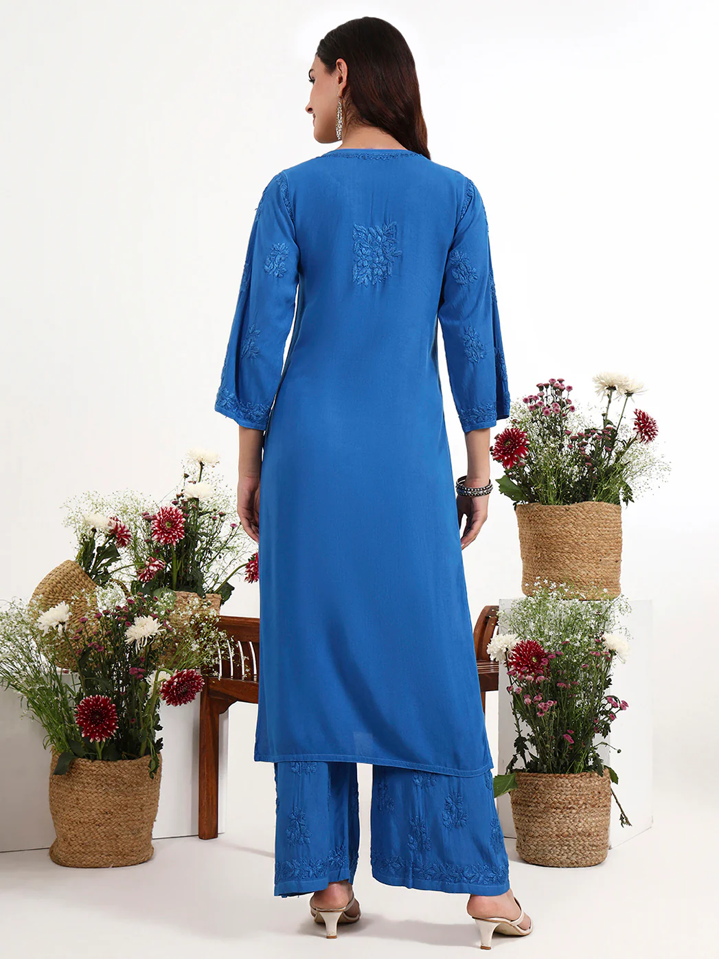 Qirat Rayon Chikankari Kurti Palazzo Set - Blue - Image 3