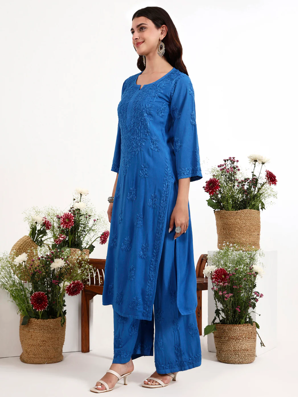 Qirat Rayon Chikankari Kurti Palazzo Set - Blue - Image 4